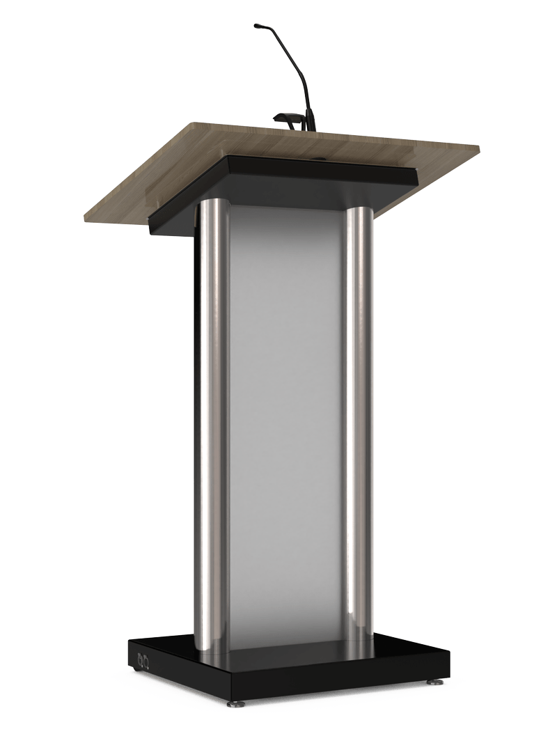 Modern lectern in rvs en kunststof met zwarte elementen.