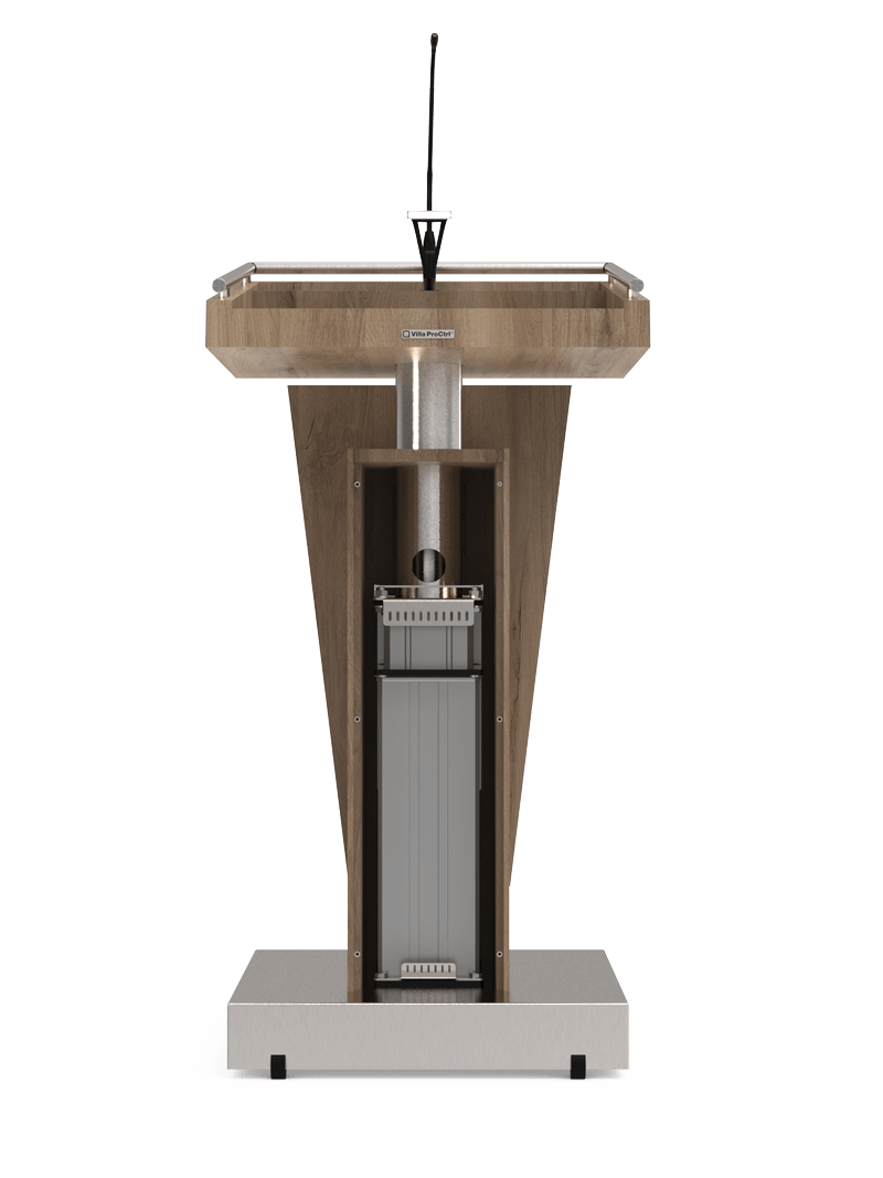 In hoogte te verstellen pupitre met microfoon en leeslamp.