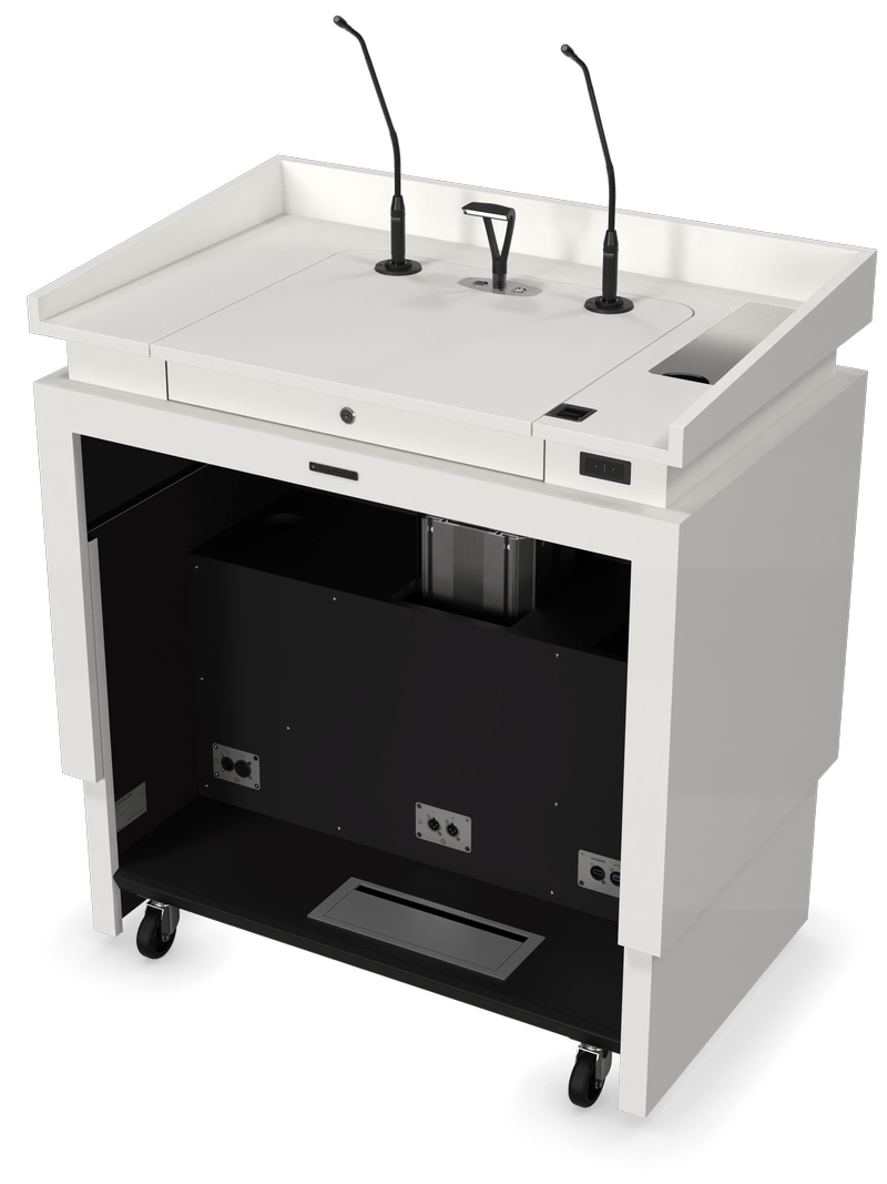 Uitgebreide lezenaar met dubbele microfoon, powercon en USB aansluitingen.