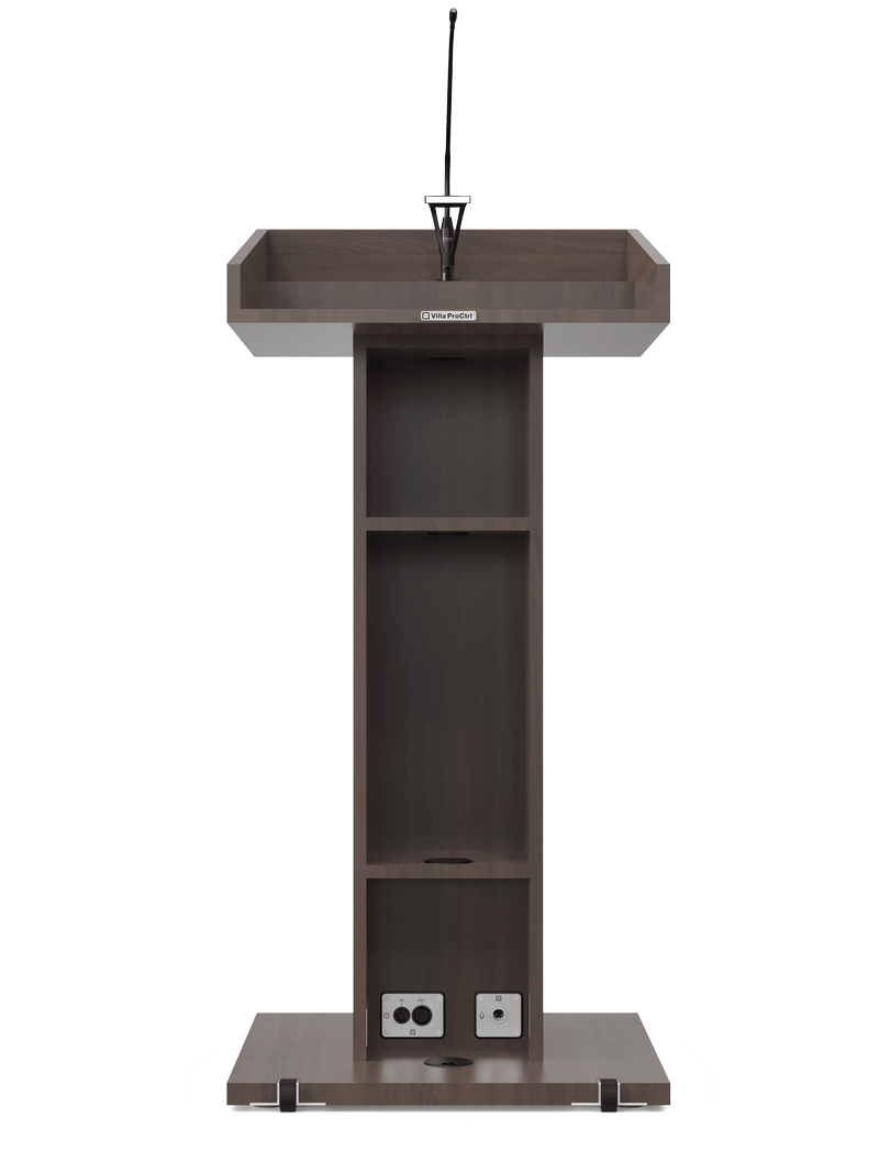 Achteraanzicht lessenaar met Shure shockmount, MX412 microfoon en leeslamp.